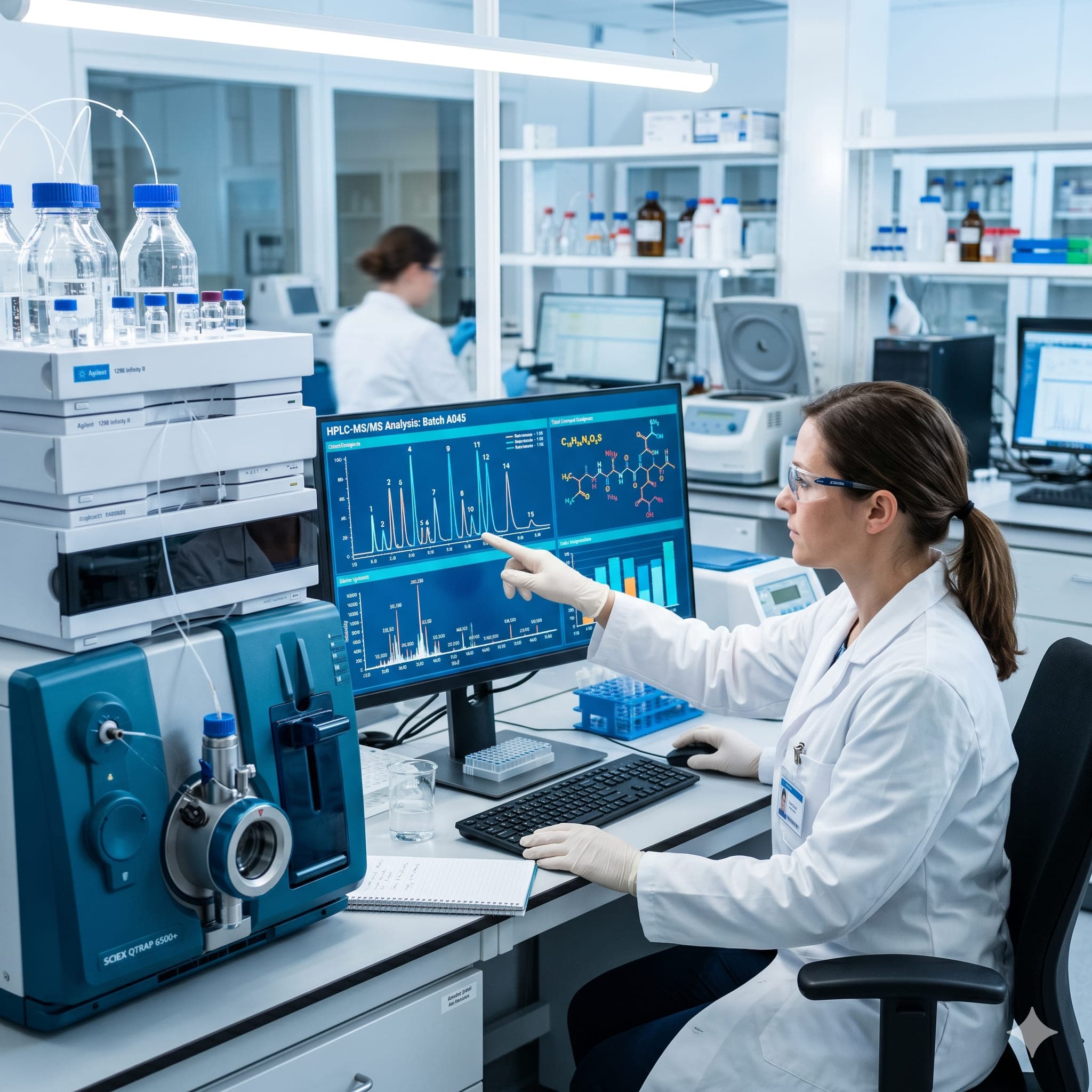 Analyst operating an HPLC instrument in an analytical chemistry lab